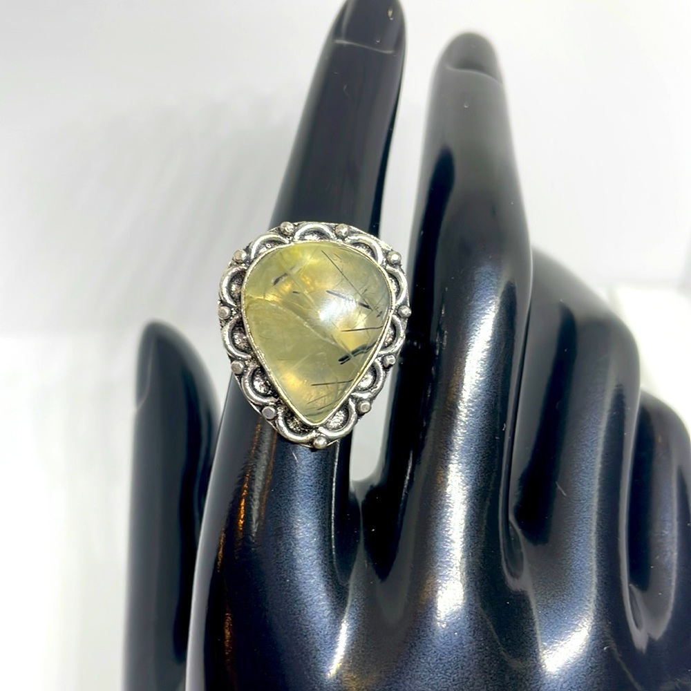 Artisan Prehnite Teardrop Gemstone Handmade 925 Sterling Silver Ring Sz 7.5